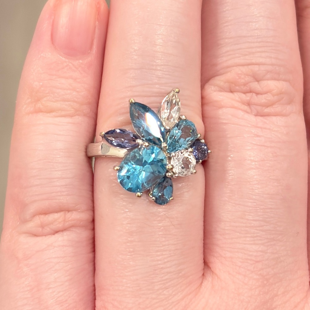 Vintage 10K Blue Topaz Cluster Ring White Gold Abstract Oval Marquis Iolite 6.25 - Picture 4 of 16